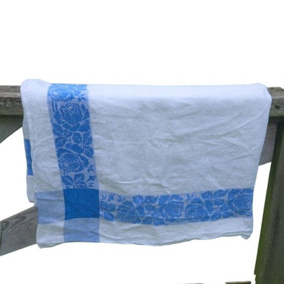Vintage Tablecloth Floral Leaves Retro table linens Table Cloth blue white 1950s - Picture 12 of 12